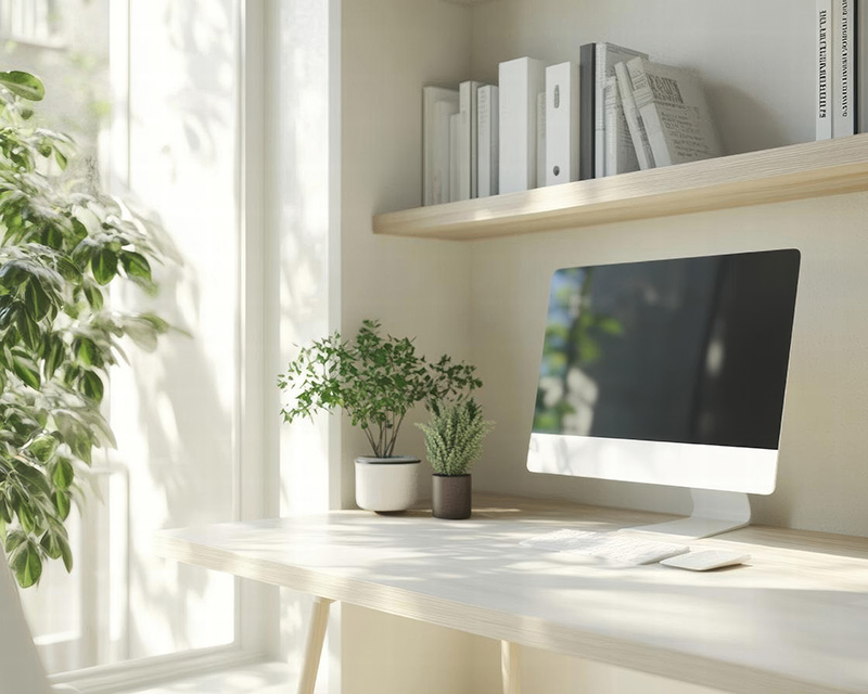 Desktop computer on a desk with plants